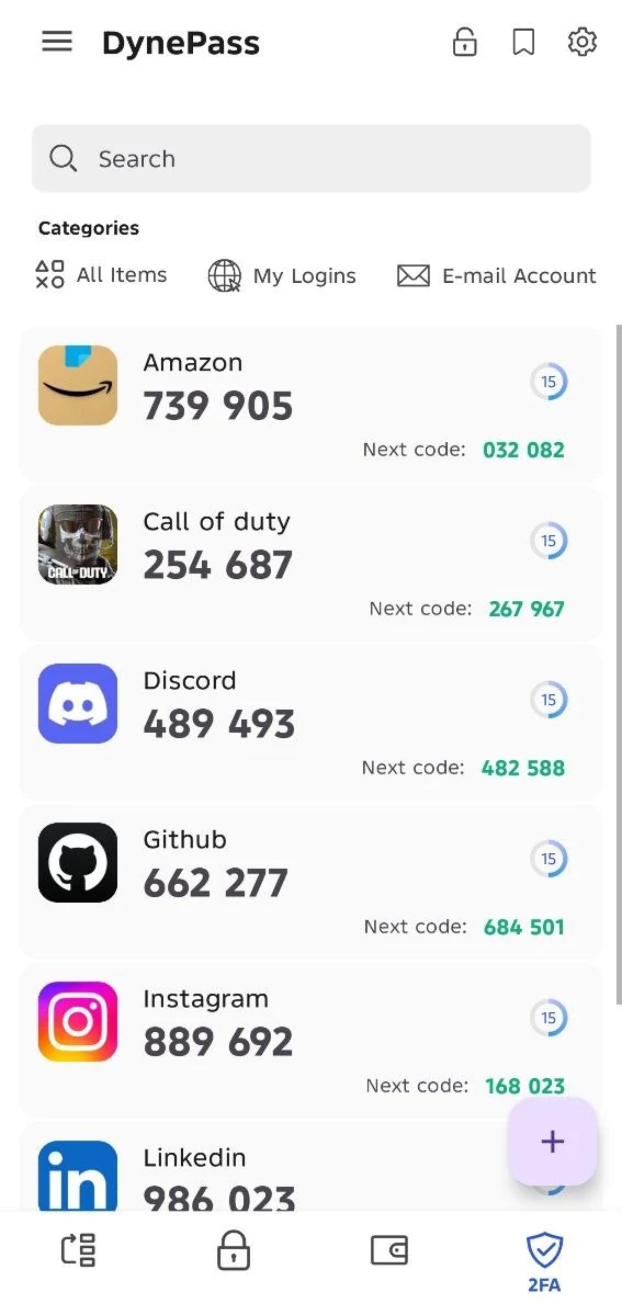 DynePass app showing 2FA codes with the next code