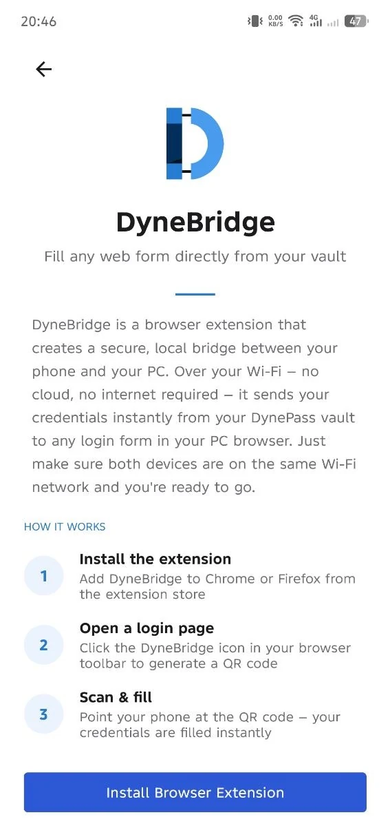 DyneBridge screen in the DynePass app, with the steps to install the extension and scan
