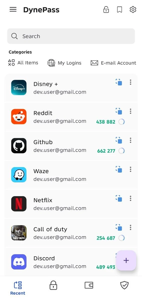 DynePass app showing a list of saved logins